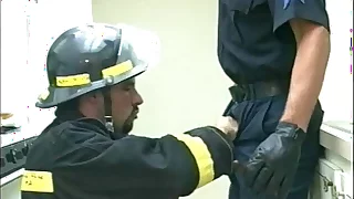 Fireman fucks gay police officer's ass then cums on his abs