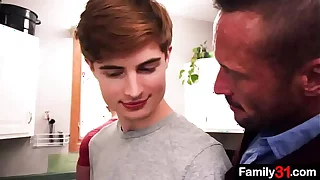 Muscular stepdaddy takes his young stepson to the bedroom  to fuck him while his older stepson keeps setting the table