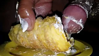 Fucking my cream filled scone like a fleshlight. Filling it up with my cock cream.