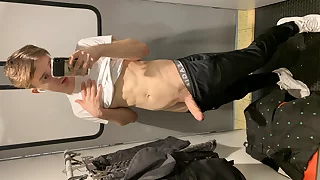 Twink jerk in fitting room and cum on the mirror